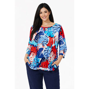 Women's Ruby Rd. Blue Red Leaf Print Tunic Top L